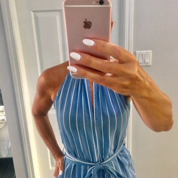 FATE  tencel blue/white striped jumpsuit with tie up halter neck size small - Picture 4 of 13